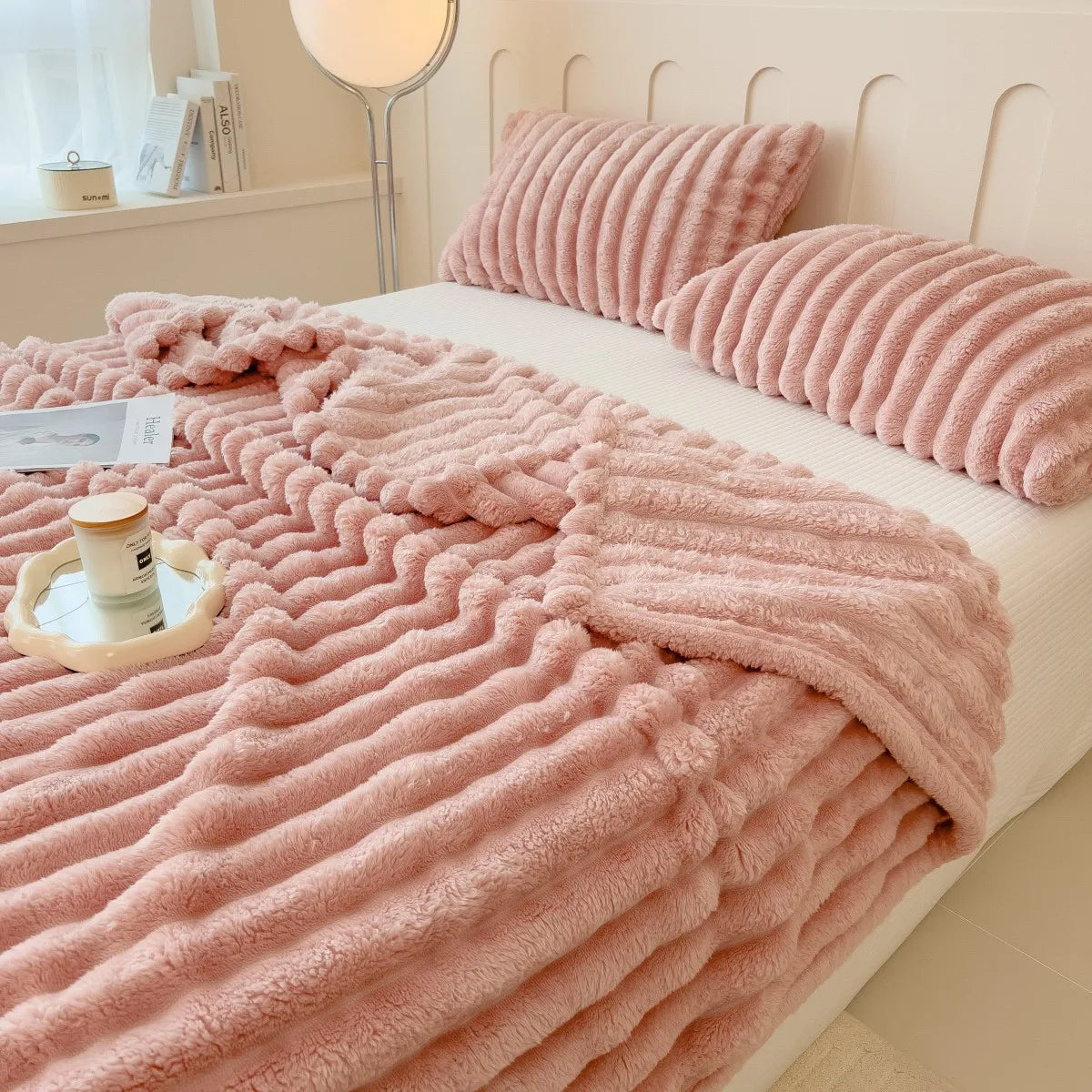 Thick Solid Color Wide Striped Multifunction Blanket for Bed