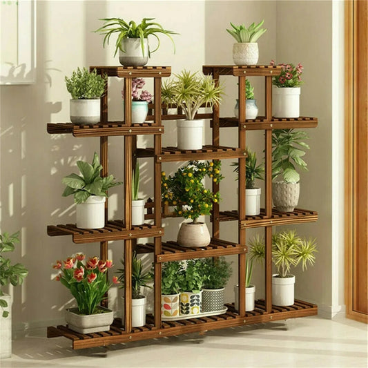 11 Tier Wood Plant Stand Carbonized Pot Display Shelf