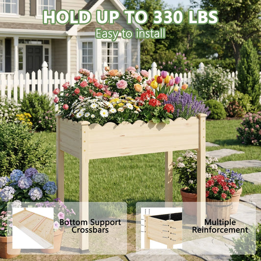 Wood Raised Bed Planter Box With Shelf For Balcony Garden