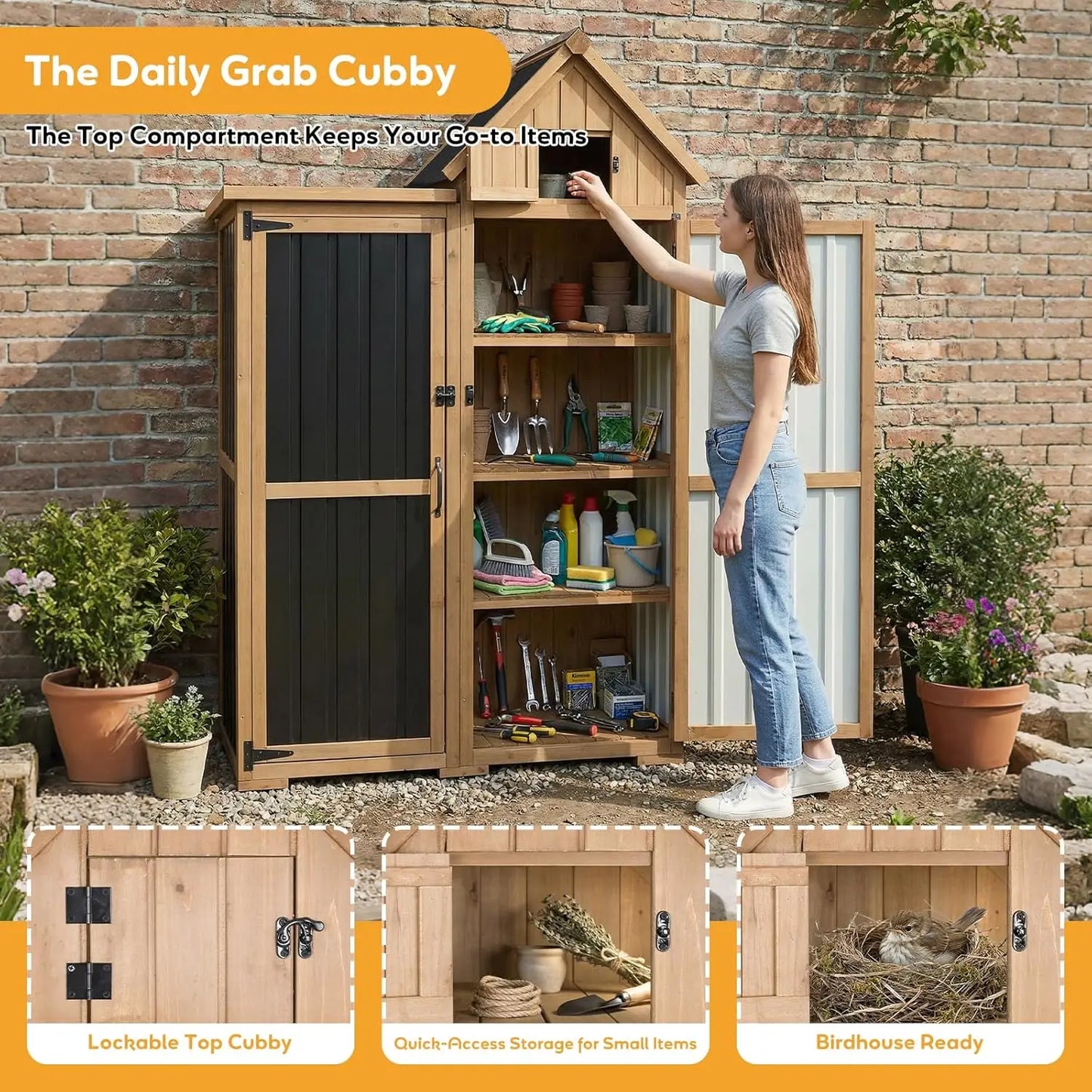 Outdoor Storage Cabinet Wood Metal Garden Shed With Lockable Doors