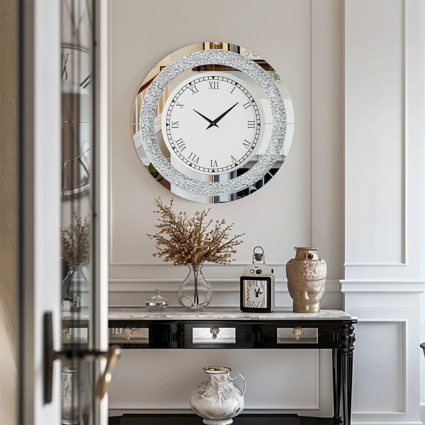 Round Mirror Wall Clock With Crystal Sparkle Finish