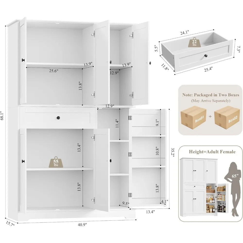 Hostack Tall Kitchen Pantry Cabinet With Doors Shelves And Drawer