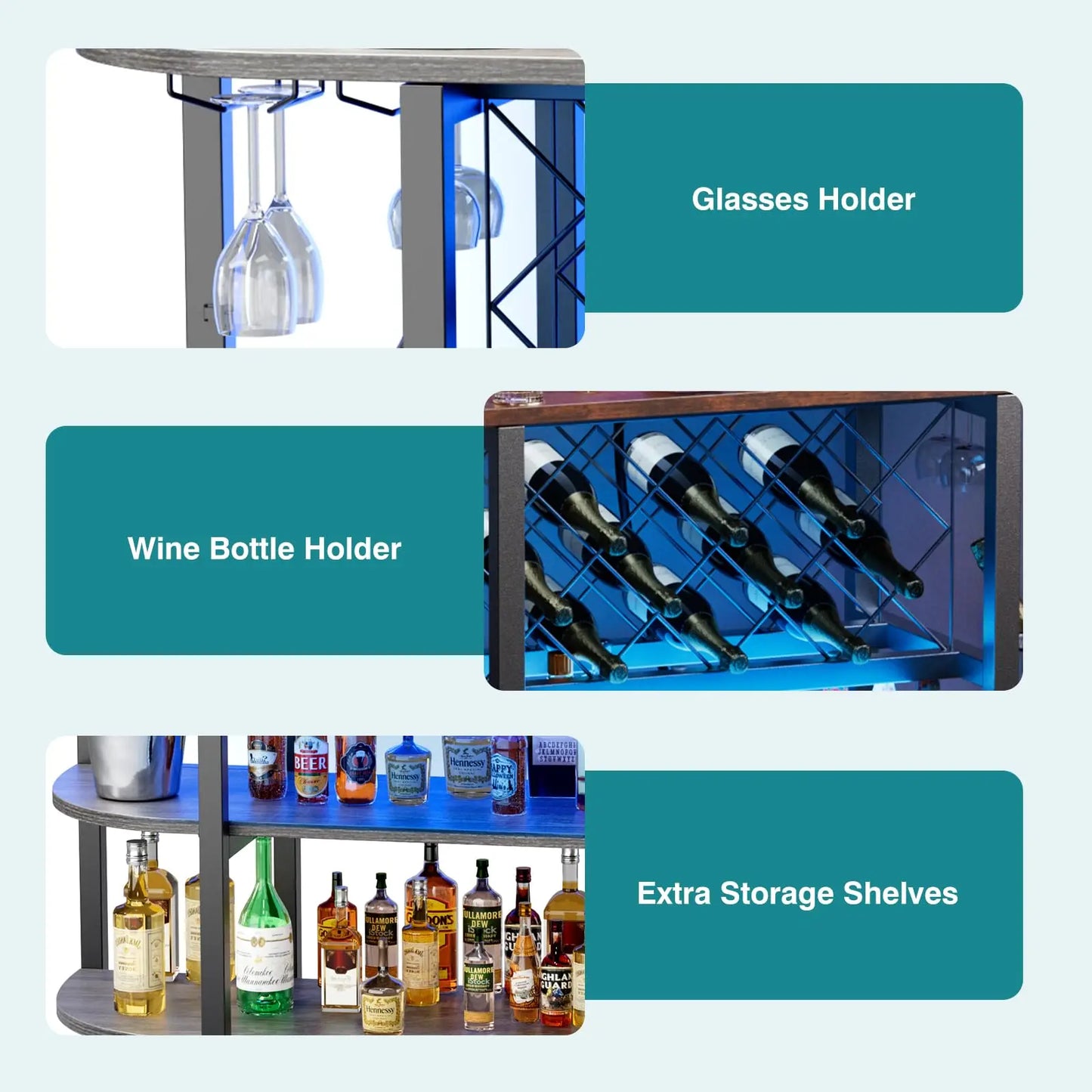 JHK Living Room LED Bar Cabinet With Storage And Charging