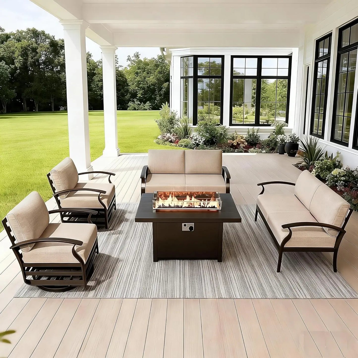 Aluminum Patio Furniture Set With Fire Pit And Waterproof Chairs