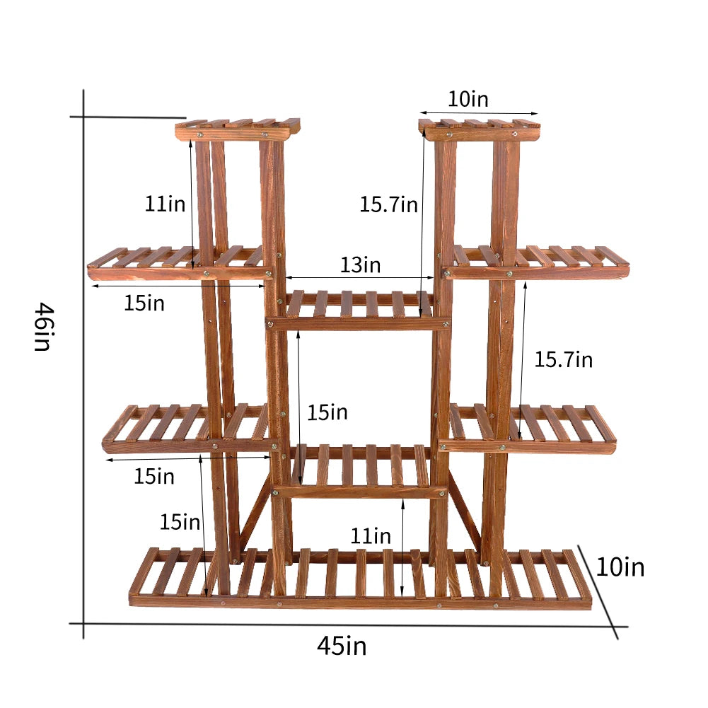 11 Tier Wood Plant Stand Carbonized Pot Display Shelf Indoor