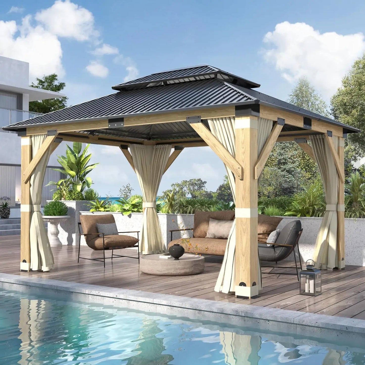 Wooden Outdoor Gazebo With Galvanized Steel Hardtop And UV Protection
