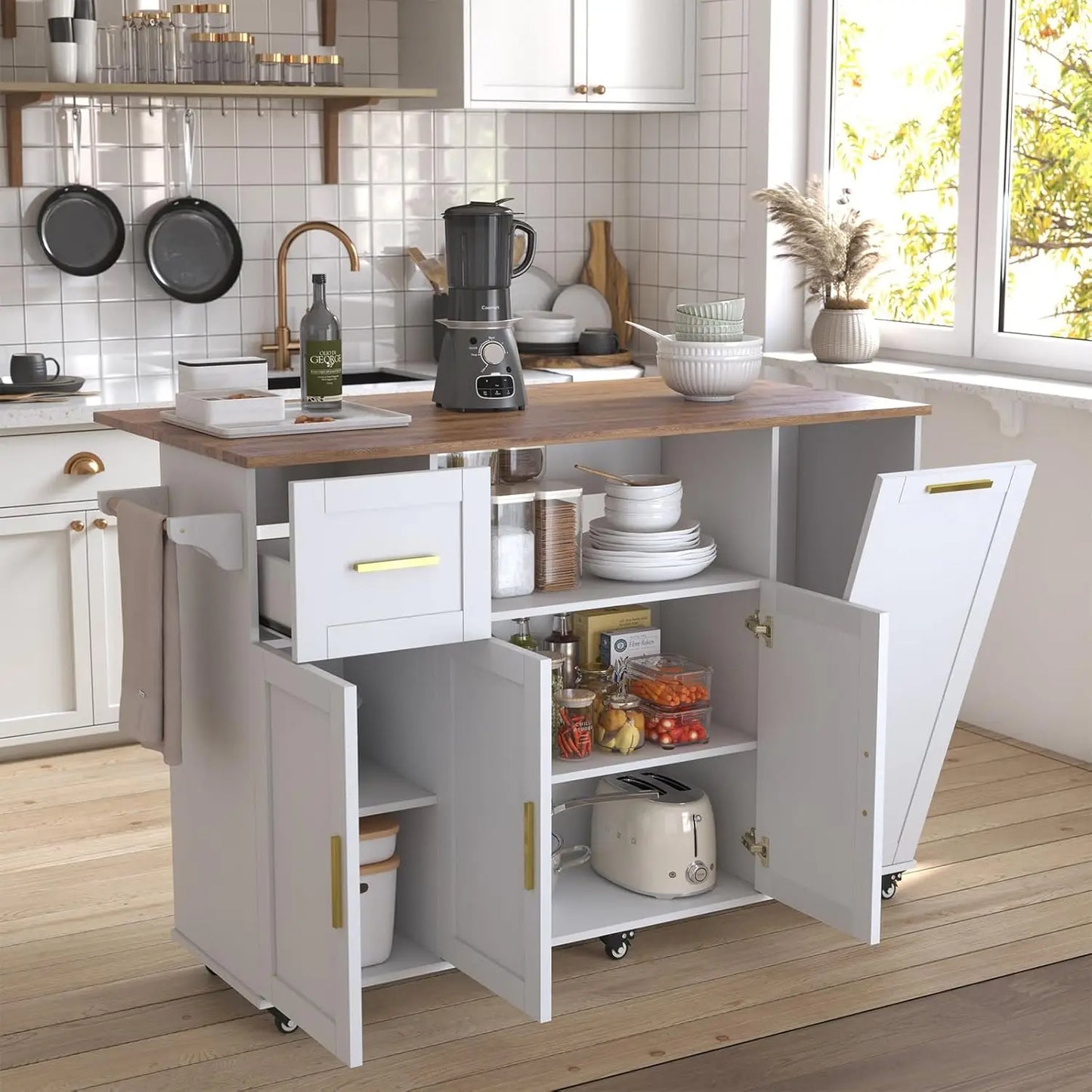 Kitchen Storage Island With Drop Leaf And Rolling Cabinet Cart