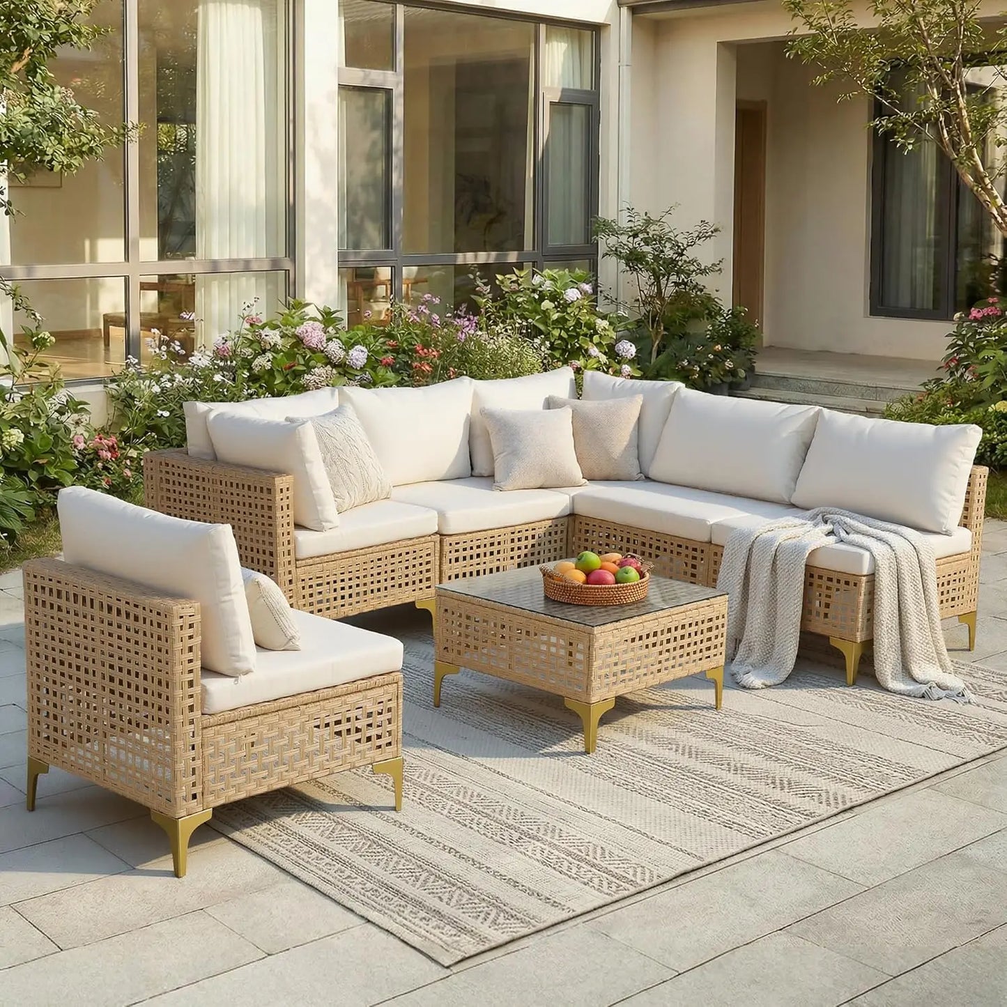 7 Piece Wicker Patio Sectional Sofa Set With Cushions And Glass Table