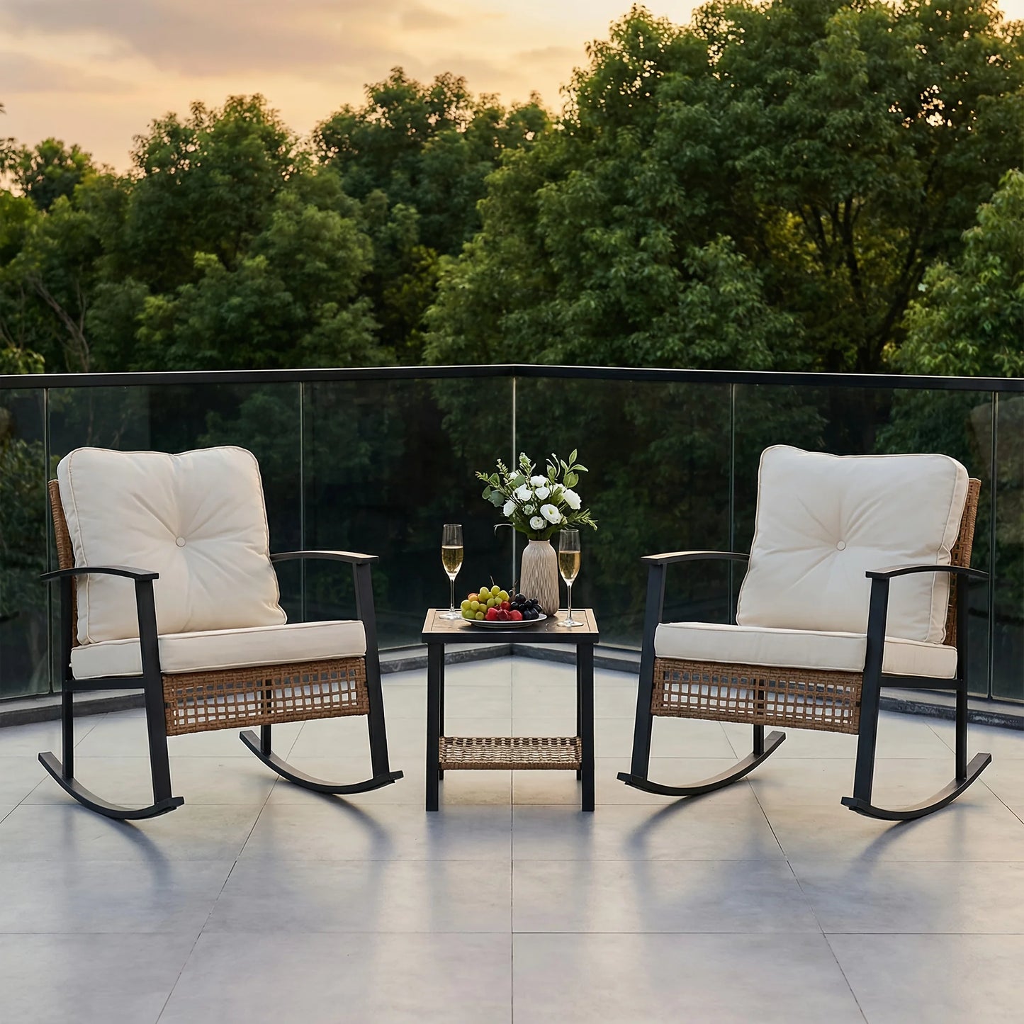 PIYRQ Rattan Rocking Chair Set Outdoor Patio Wicker Glider Seating