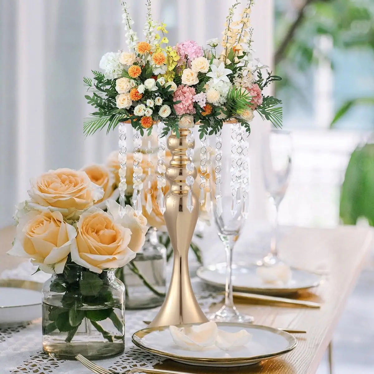 VINCIGANT Gold Metal Flower Stands With Crystal Beads Wedding Centerpieces