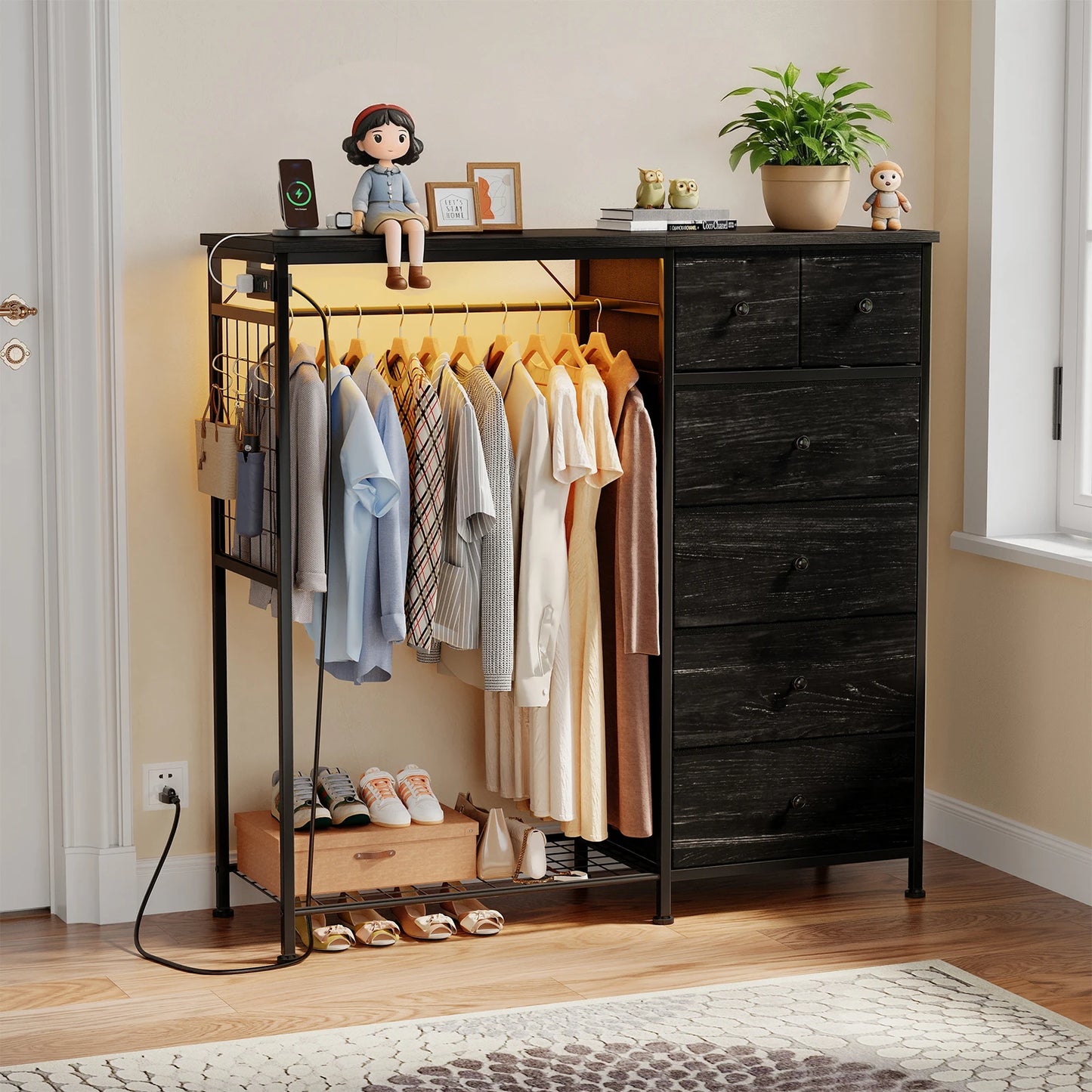JHK Fabric Dresser With Hanging Rack Charging Station LED Lights