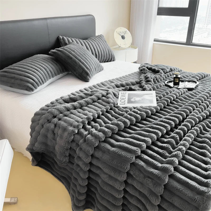 Thick Solid Color Wide Striped Multifunction Blanket for Bed