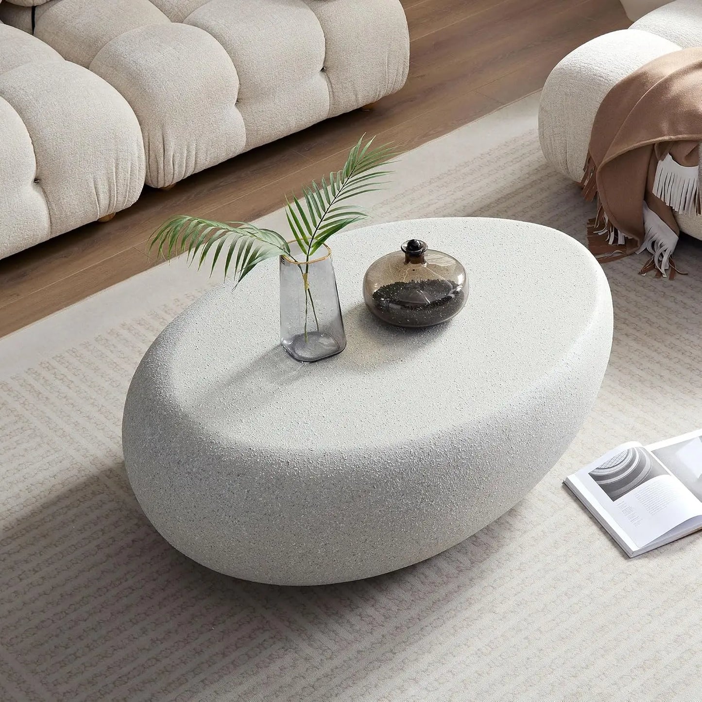 Oval Faux Stone Coffee Table Fiberglass Minimalist No Assembly