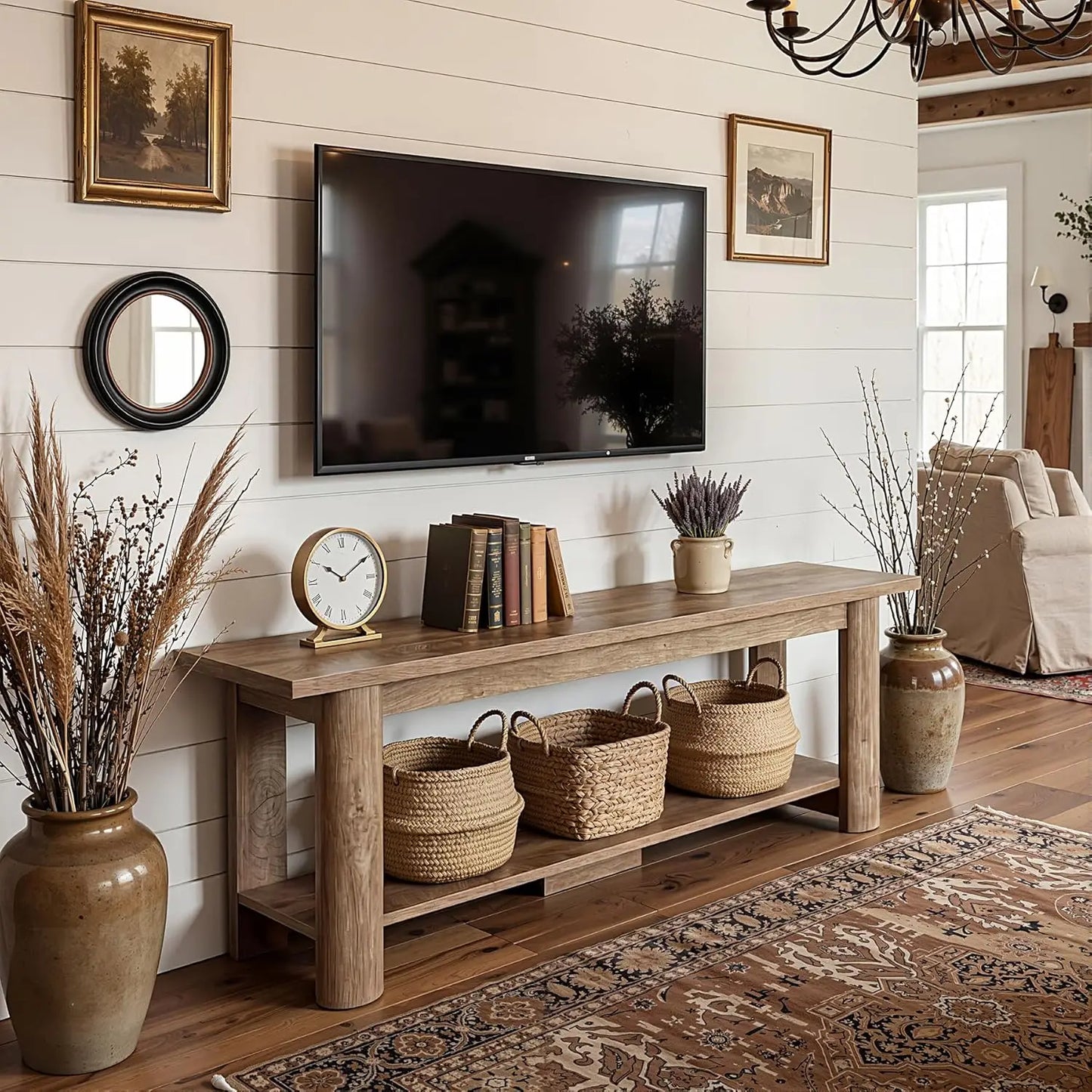 Farmhouse TV Stand Entertainment Center With 2-Tier Storage Shelf