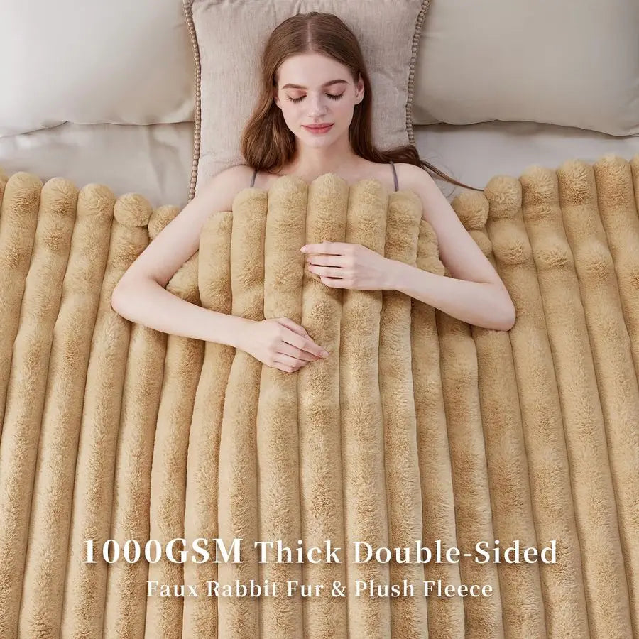 Faux Fur Throw Blanket 1000GSM Thick Plush Striped Cozy