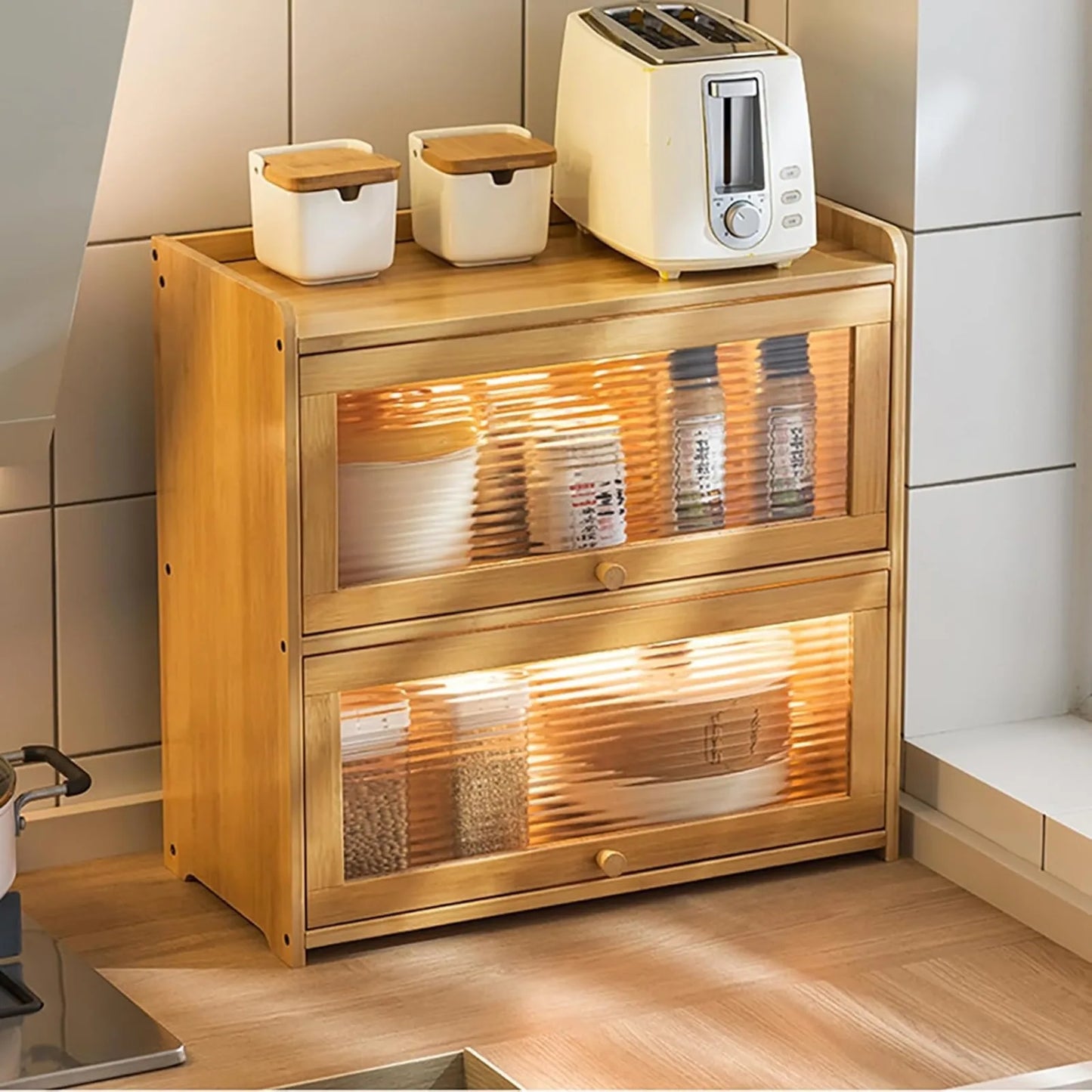 2-Tier Bamboo Kitchen Organizer Cabinet With Clear Acrylic Doors