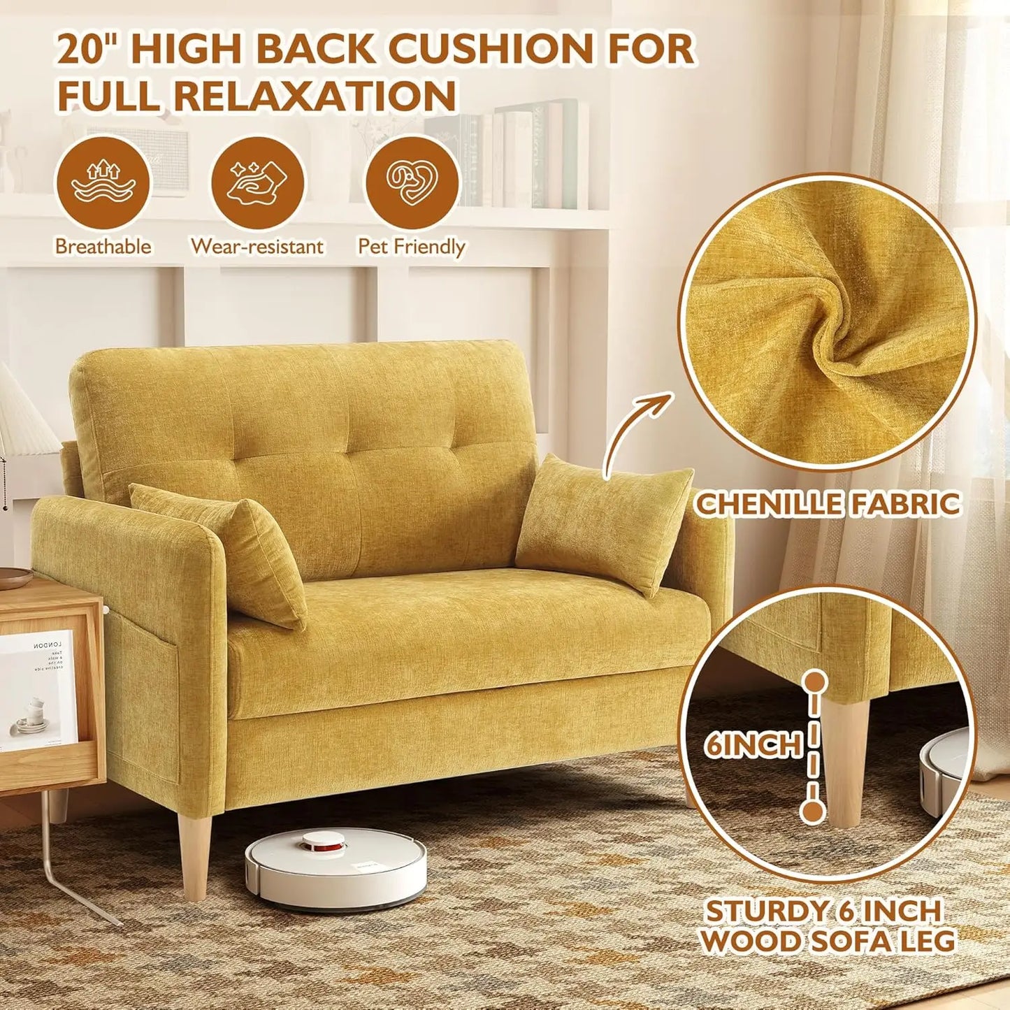 Chenille Loveseat Sofa For Bedroom With Removable Cushion Covers