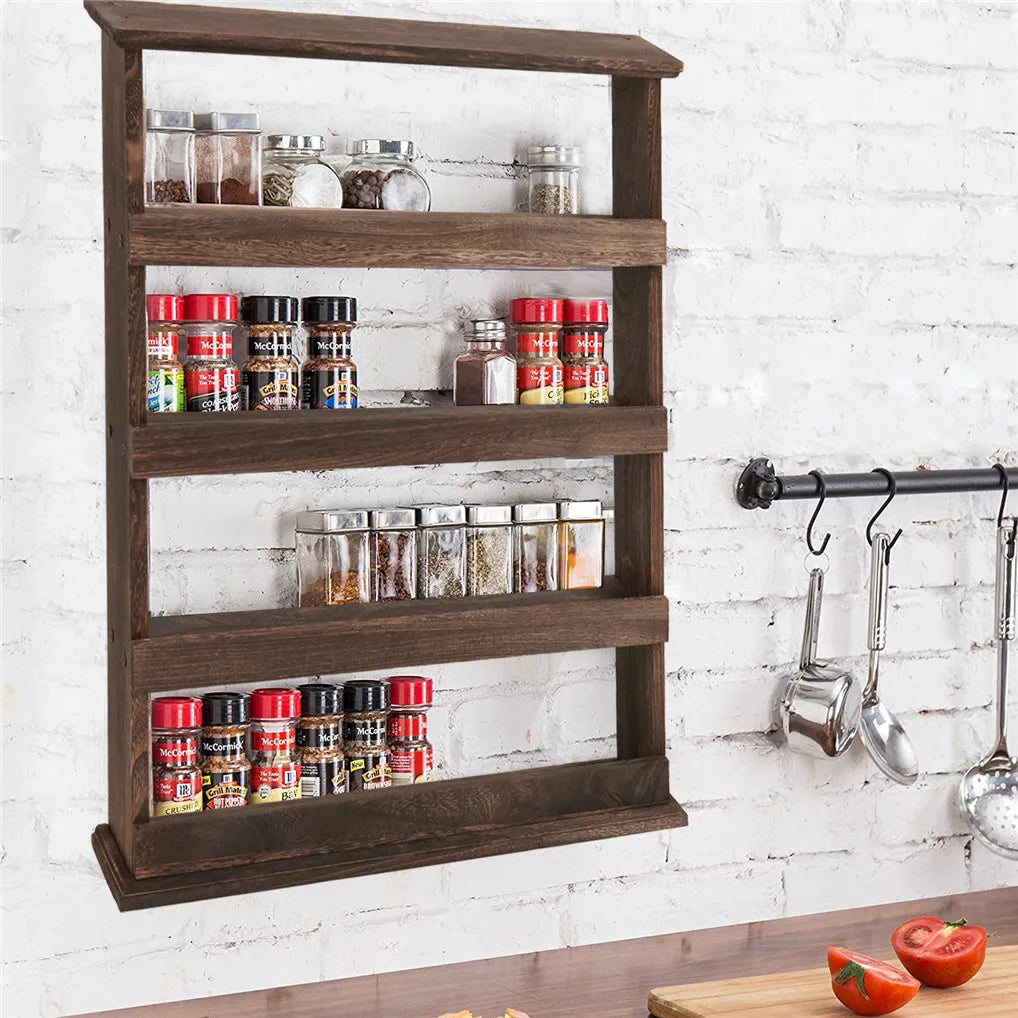 Rustic Torched Wood Wall Mount 4-Tier Spice Rack Organizer