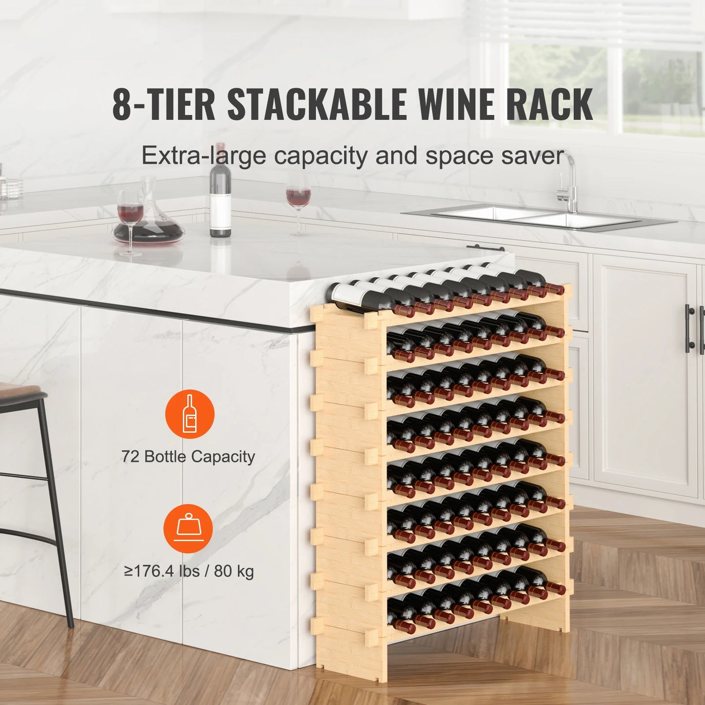 SucceBuy Bamboo 8-Tier Stackable Wine Rack Free Standing Display Shelves