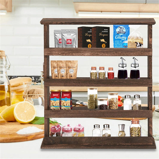 Rustic Torched Wood Wall Mount 4-Tier Spice Rack Organizer