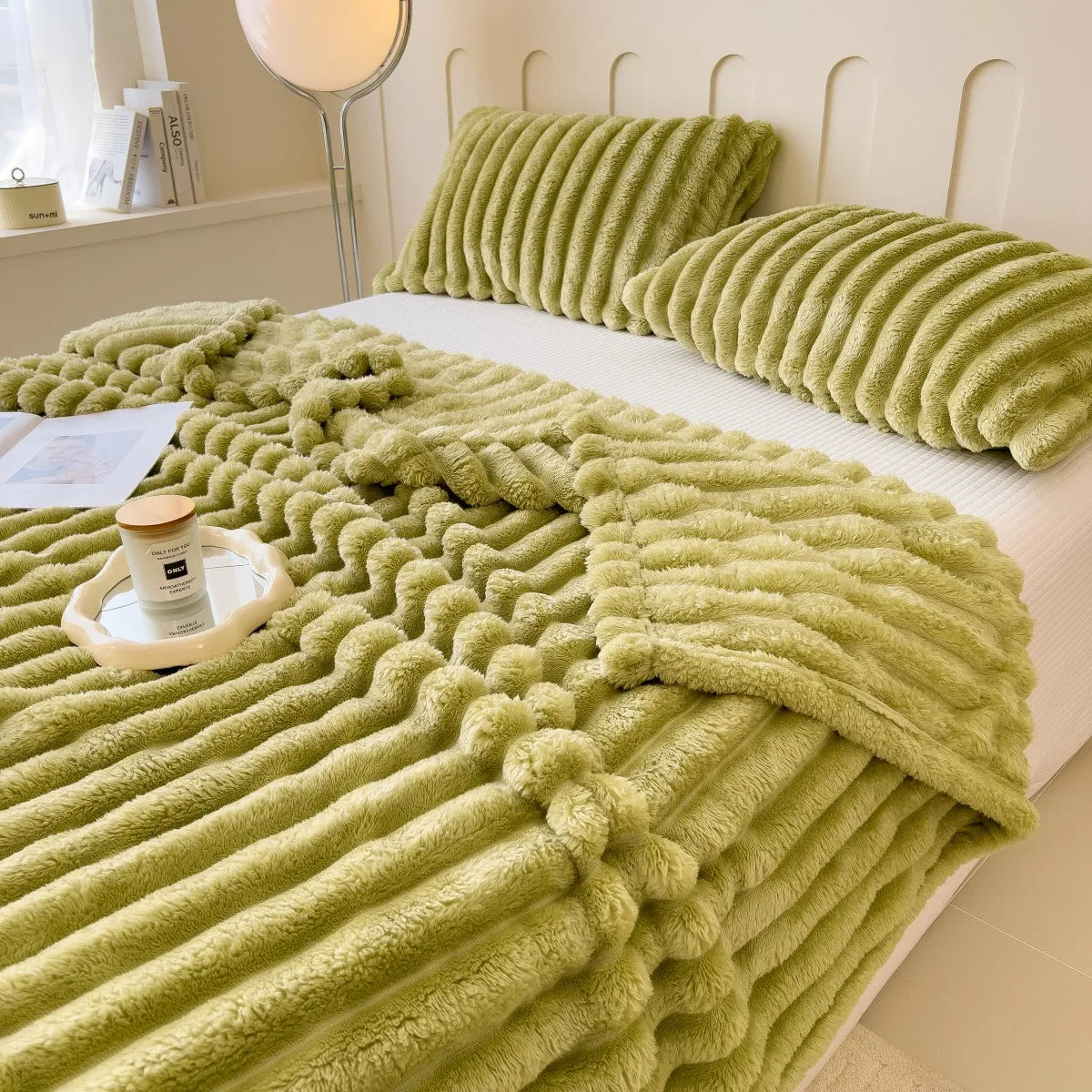 Thick Solid Color Wide Striped Multifunction Blanket for Bed