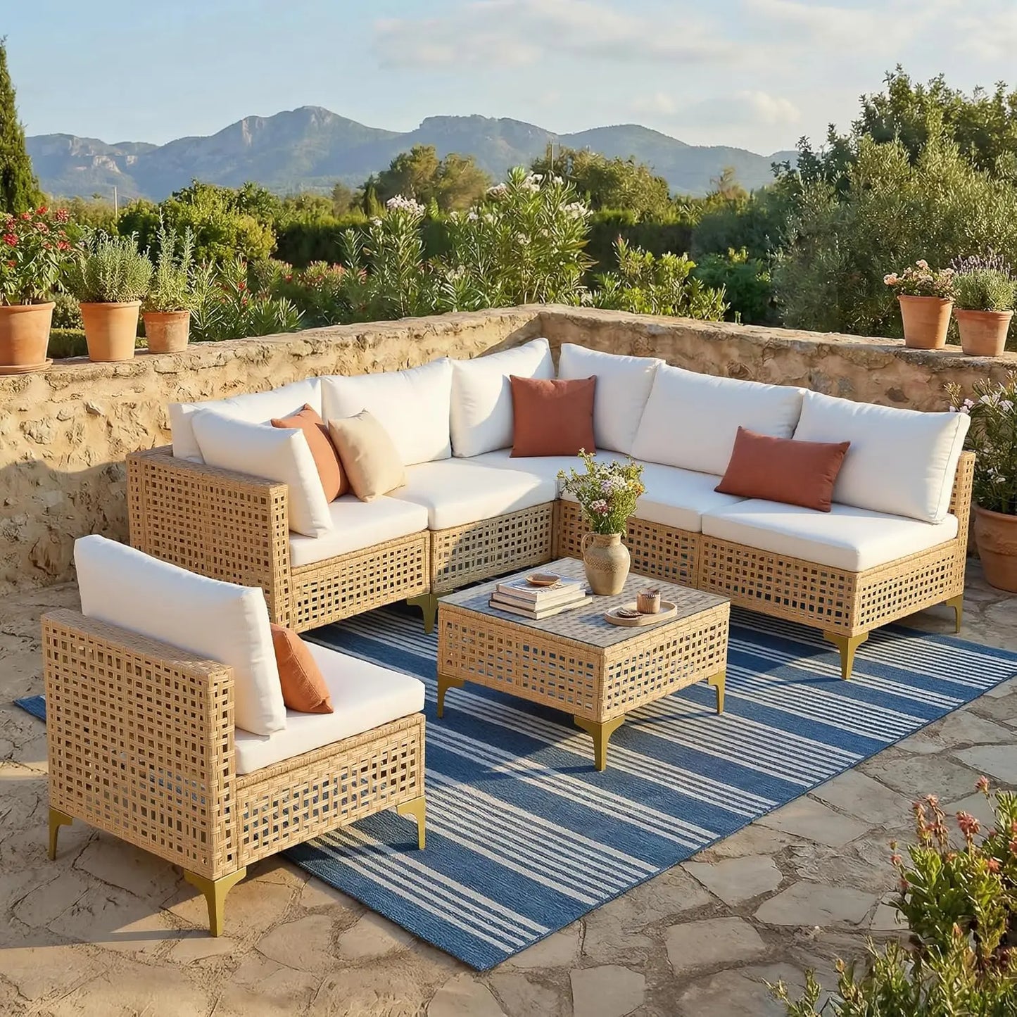 7 Piece Wicker Patio Sectional Sofa Set With Cushions And Glass Table