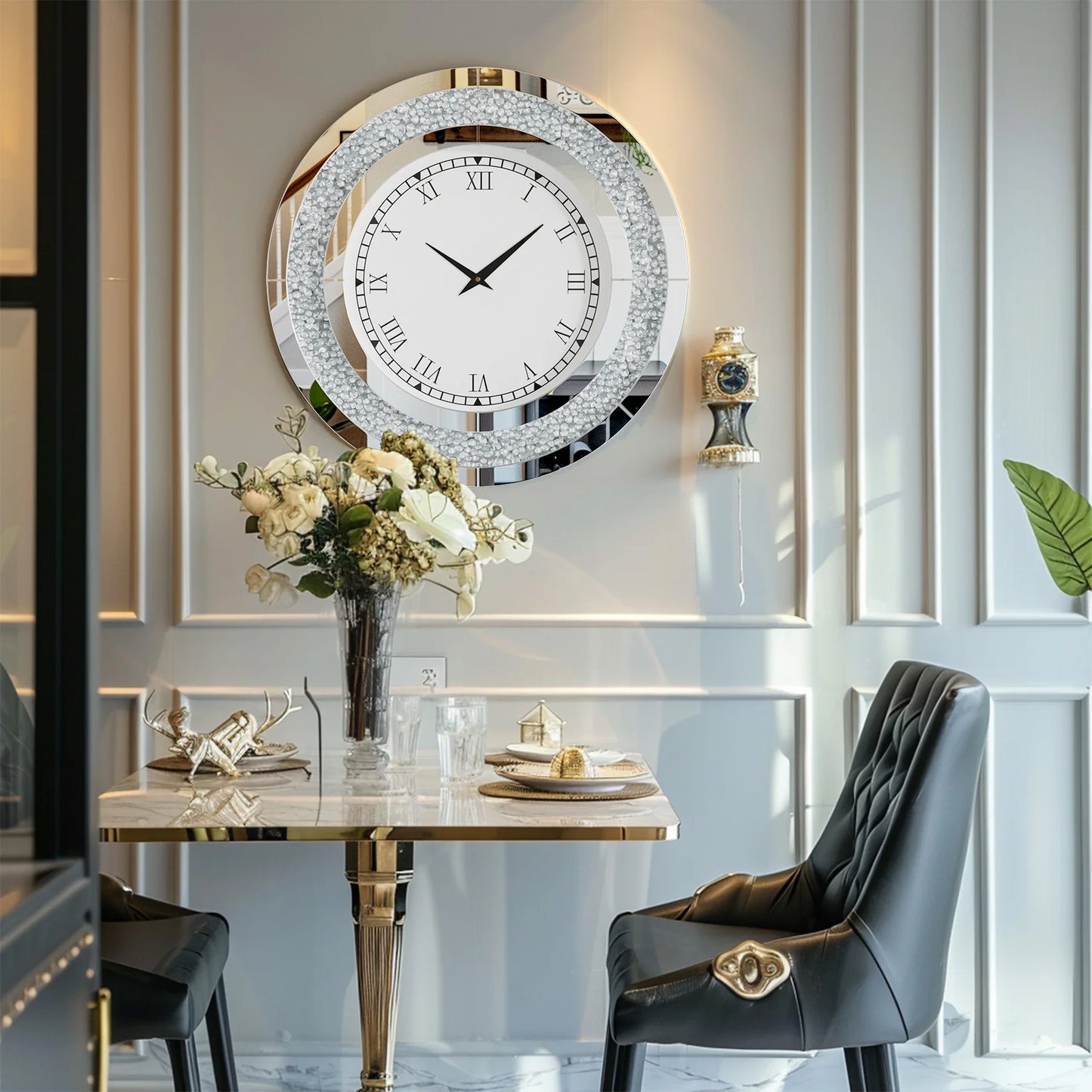 Round Mirror Wall Clock With Crystal Sparkle Finish
