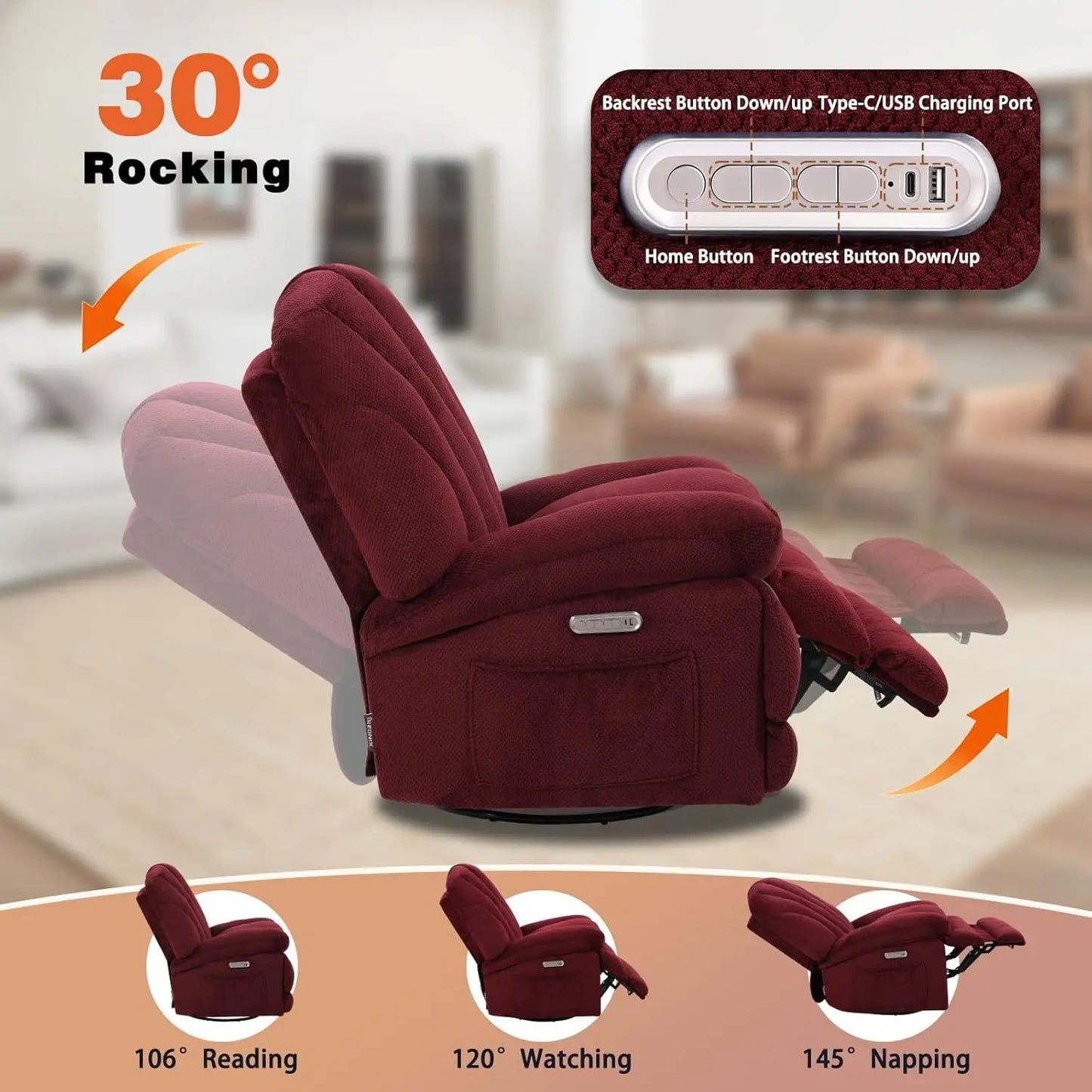 Dual Motor Power Swivel Rocker Recliner Chair With Adjustable Backrest