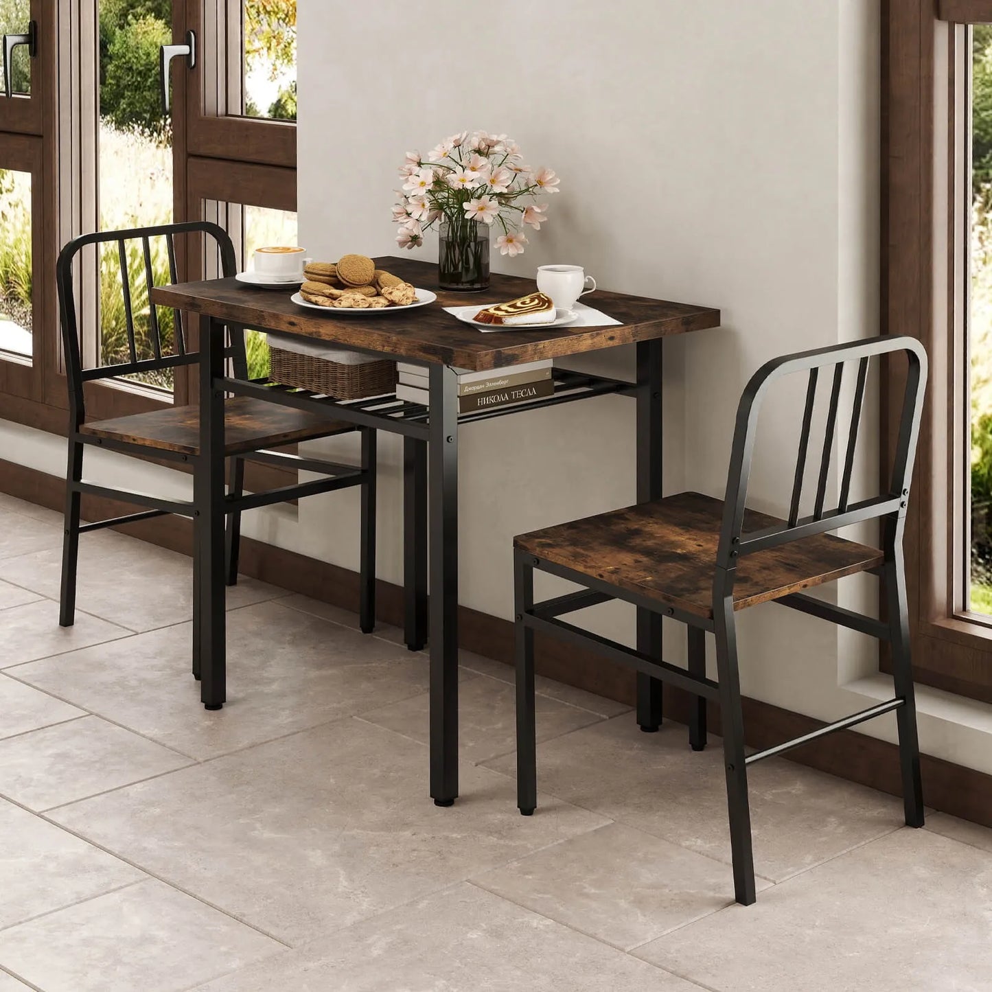 3 Piece Wooden Dining Table And Chairs Set With Storage