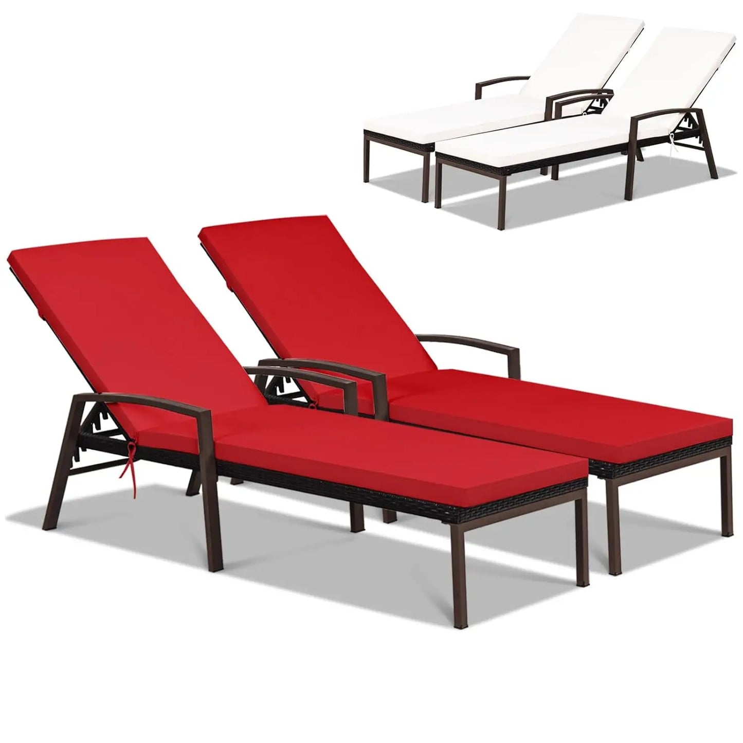Patio Rattan Chaise Lounge Two Piece Set With Cushioned Armrests