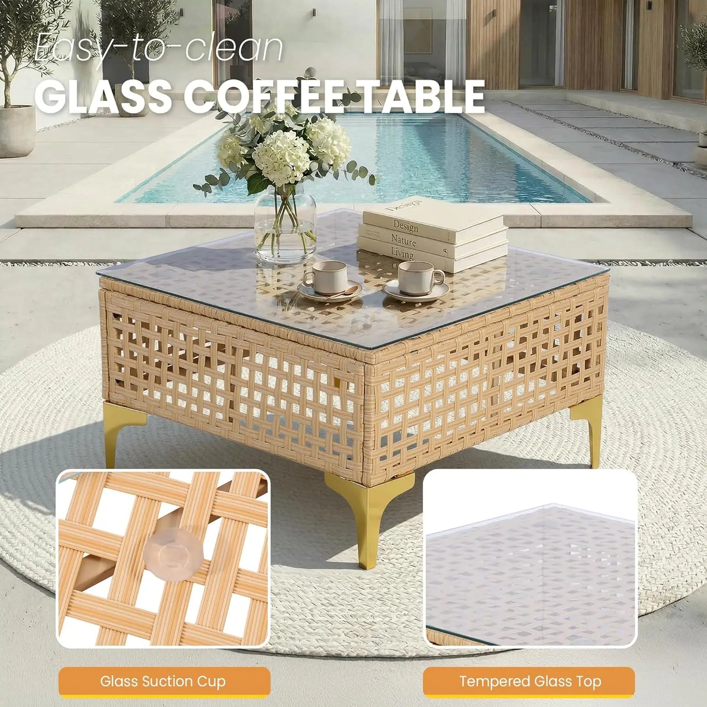 7 Piece Wicker Patio Sectional Sofa Set With Cushions And Glass Table