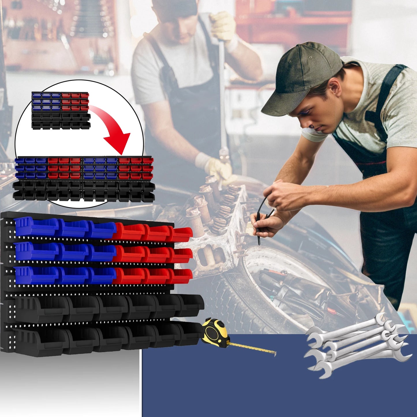Wall Mounted Storage Bins Set Plastic Garage Tool Organizer