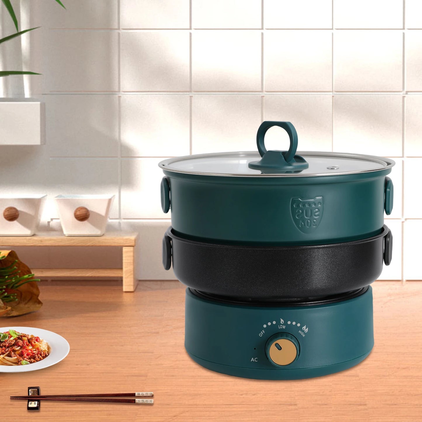 Bymaocar 110V Electric Hot Pot With Steamer Portable Travel Cooker