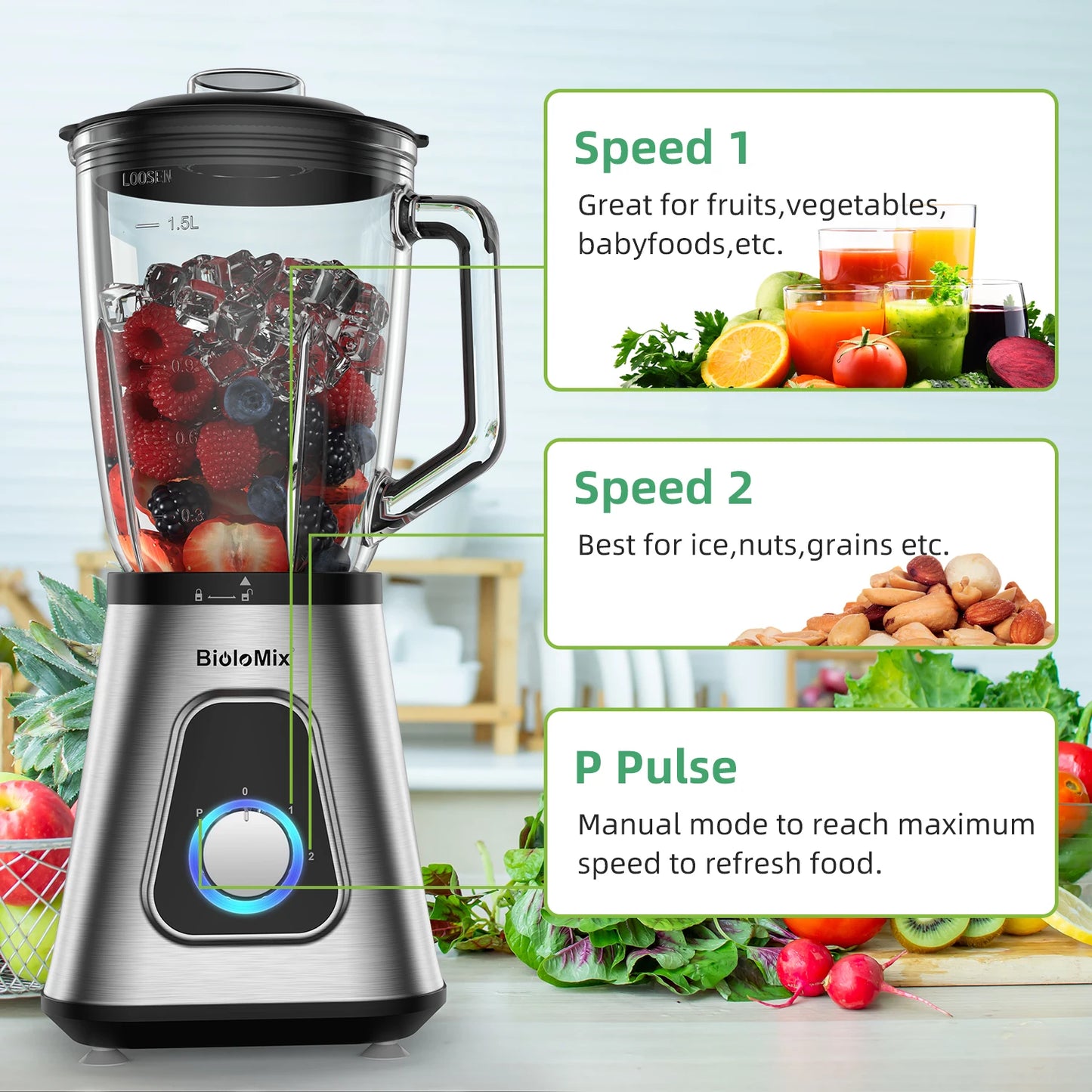 Biolomix 1300W Blender With Glass Jar For Smoothies