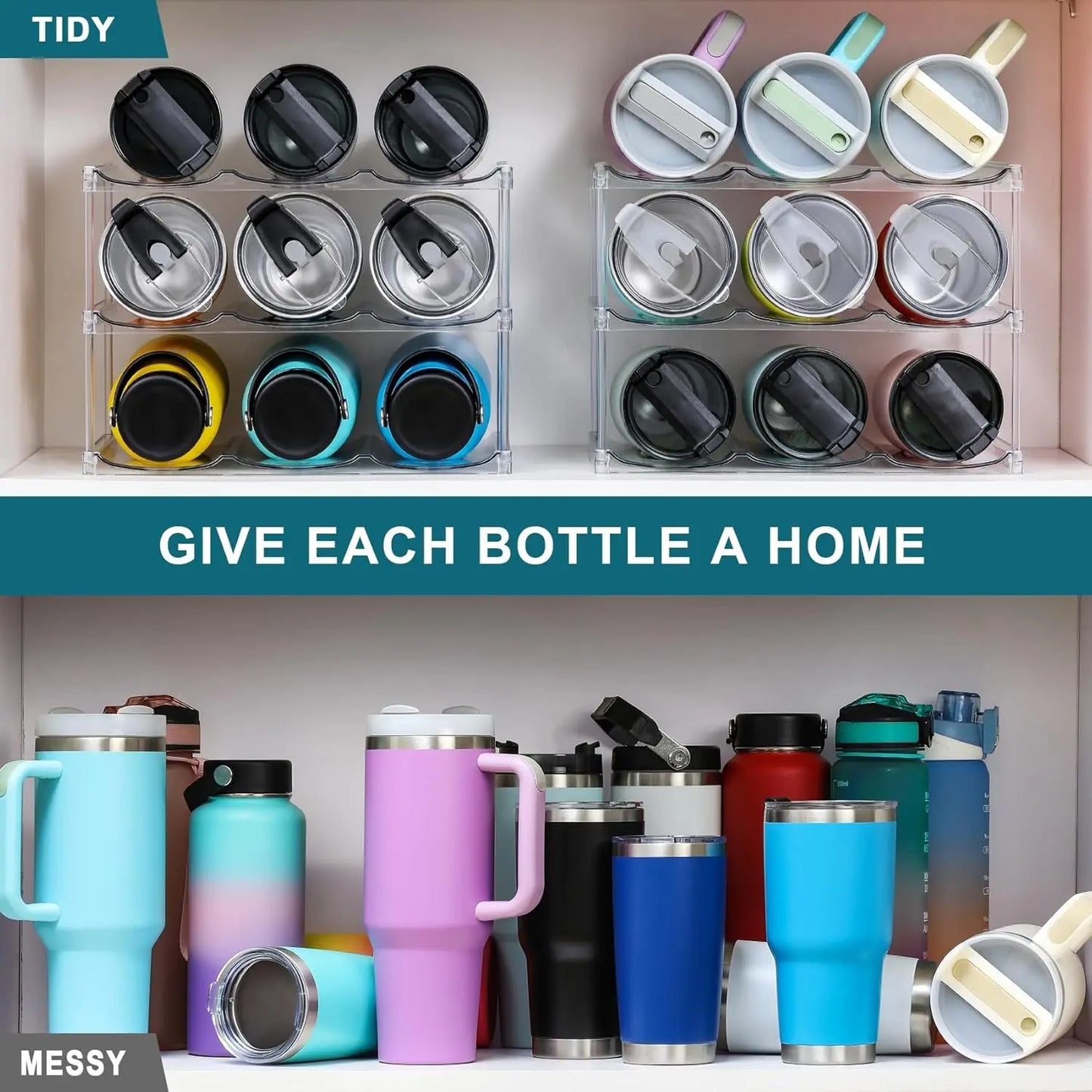 Three Tier Stackable Water Bottle Organizer Rack for Cabinet