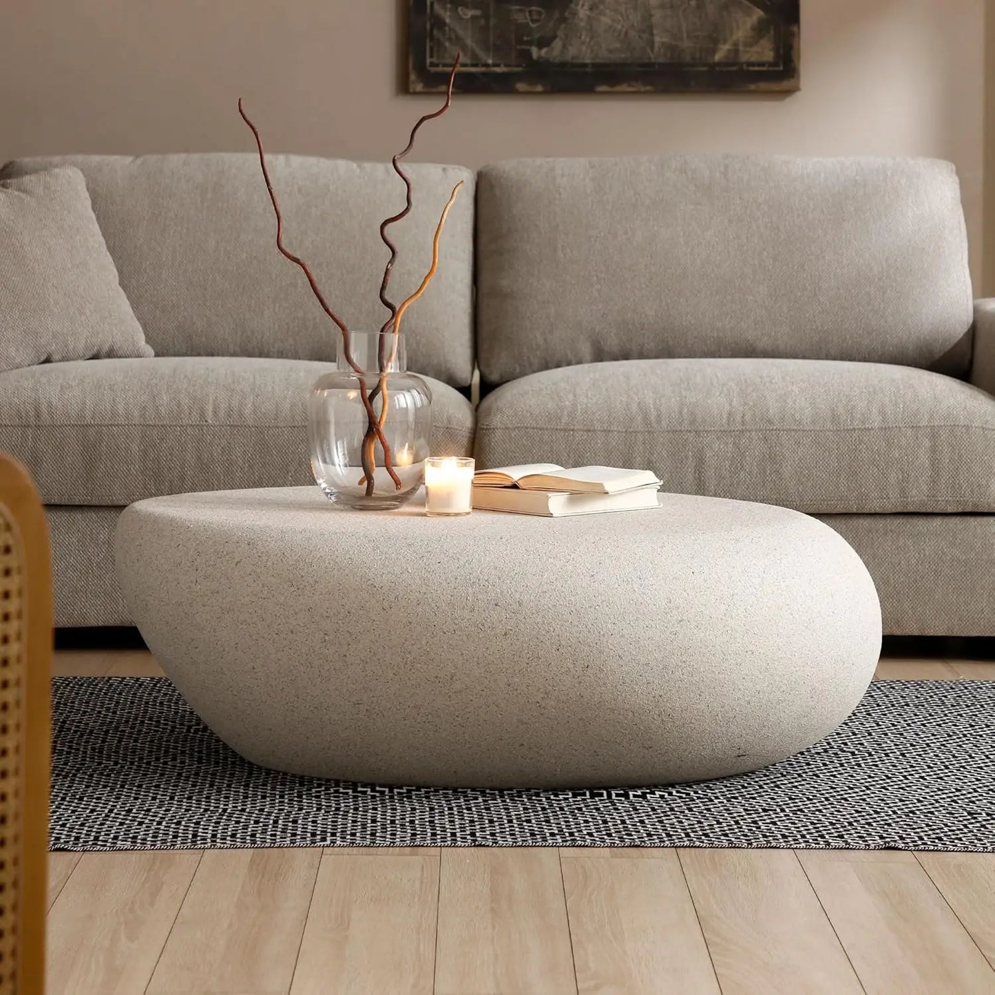 Oval Faux Stone Coffee Table Fiberglass Minimalist No Assembly