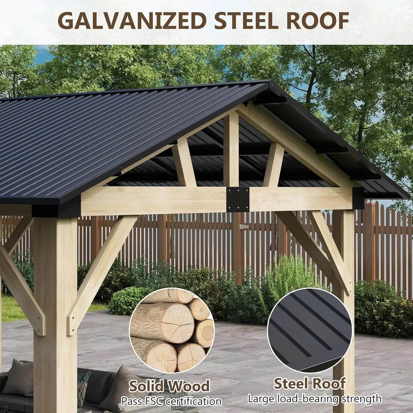 Cedar Wood Gazebo With Waterproof Steel Roof For Outdoor Patio