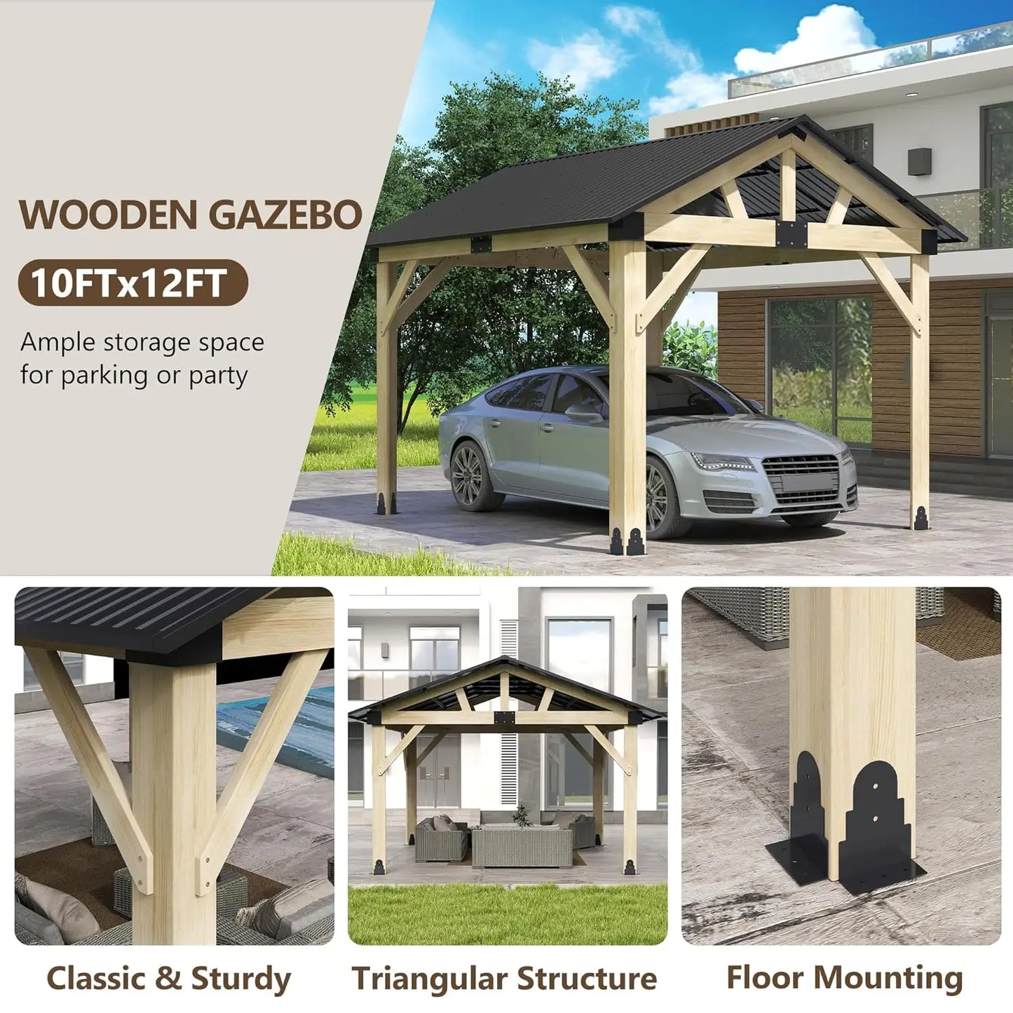 Cedar Wood Gazebo With Waterproof Steel Roof For Outdoor Patio