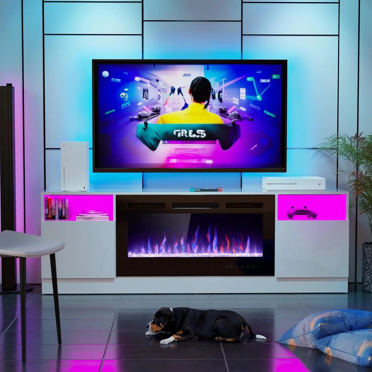 Electric Fireplace TV Stand With LED Lights Entertainment Center Storage
