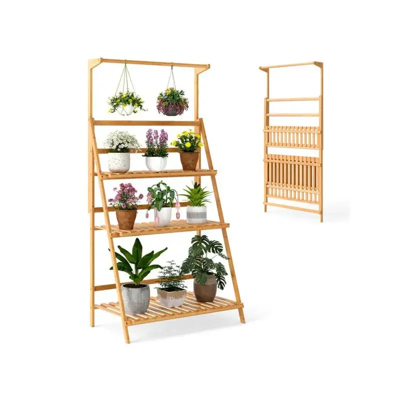 4-Tier Bamboo Hanging Plant Stand 2-in-1 Indoor Outdoor Display