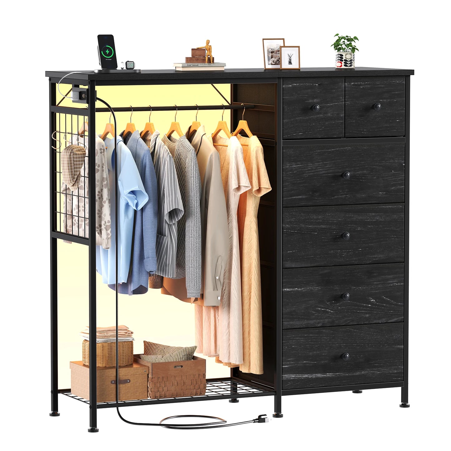JHK Fabric Dresser With Hanging Rack Charging Station LED Lights