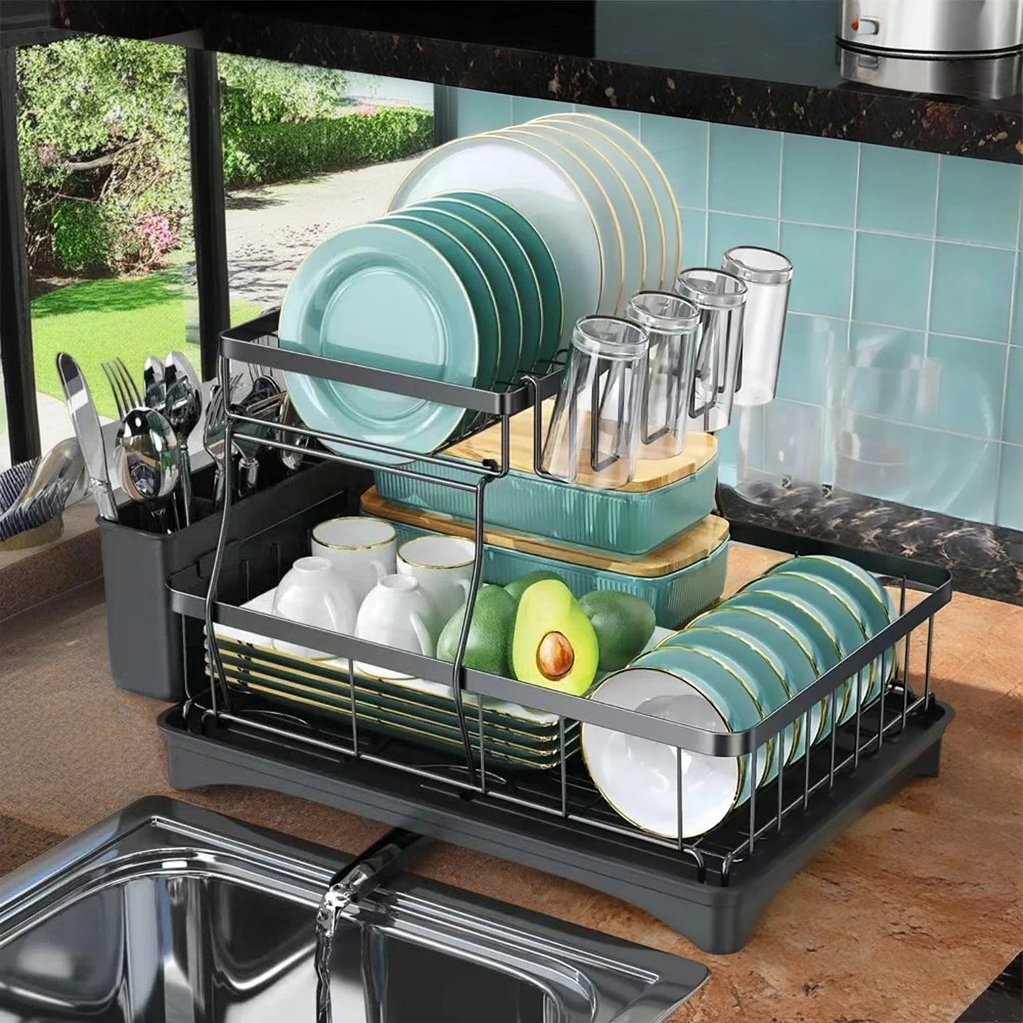 Removable Two Tier Dish Drying Rack For Kitchen Countertops
