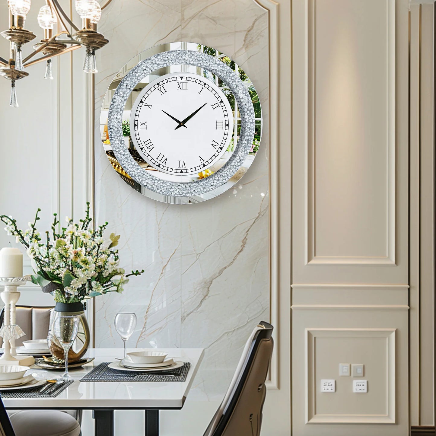Round Mirror Wall Clock With Crystal Sparkle Finish