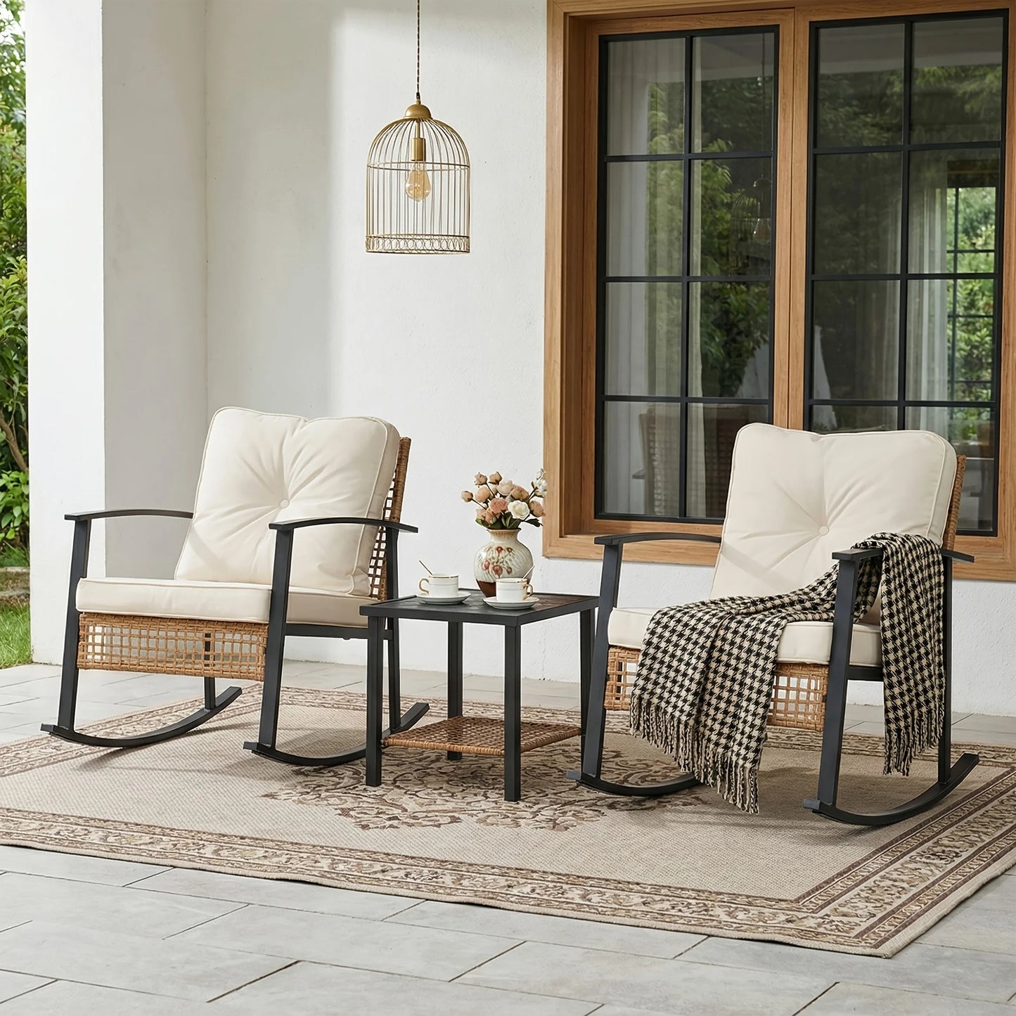 PIYRQ Rattan Rocking Chair Set Outdoor Patio Wicker Glider Seating