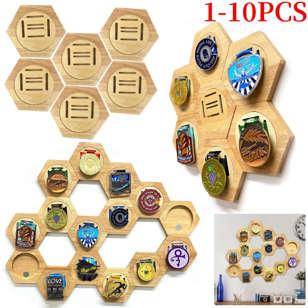 Hexagonal Pine Wood Medal Display Stand For Sports And Races