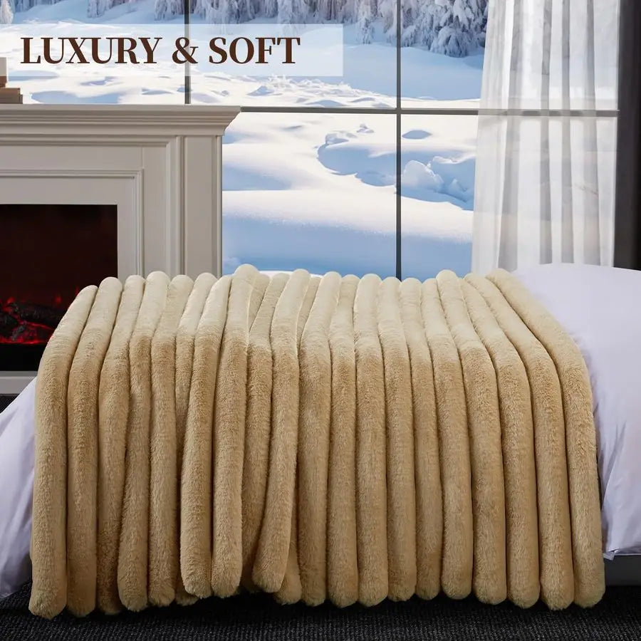 Faux Fur Throw Blanket 1000GSM Thick Plush Striped Cozy