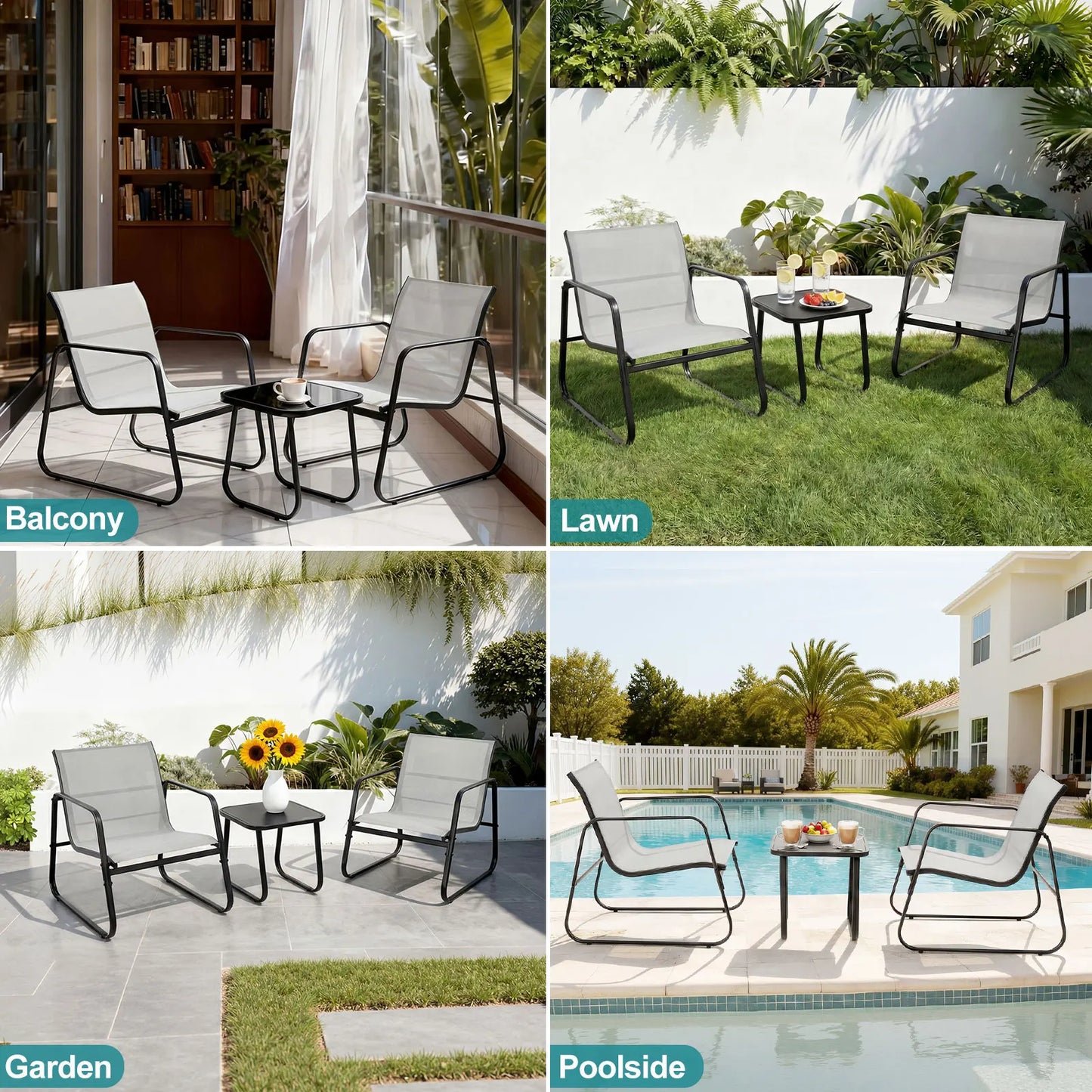 JHK Patio Furniture 3 Piece Set With Table Outdoor Metal