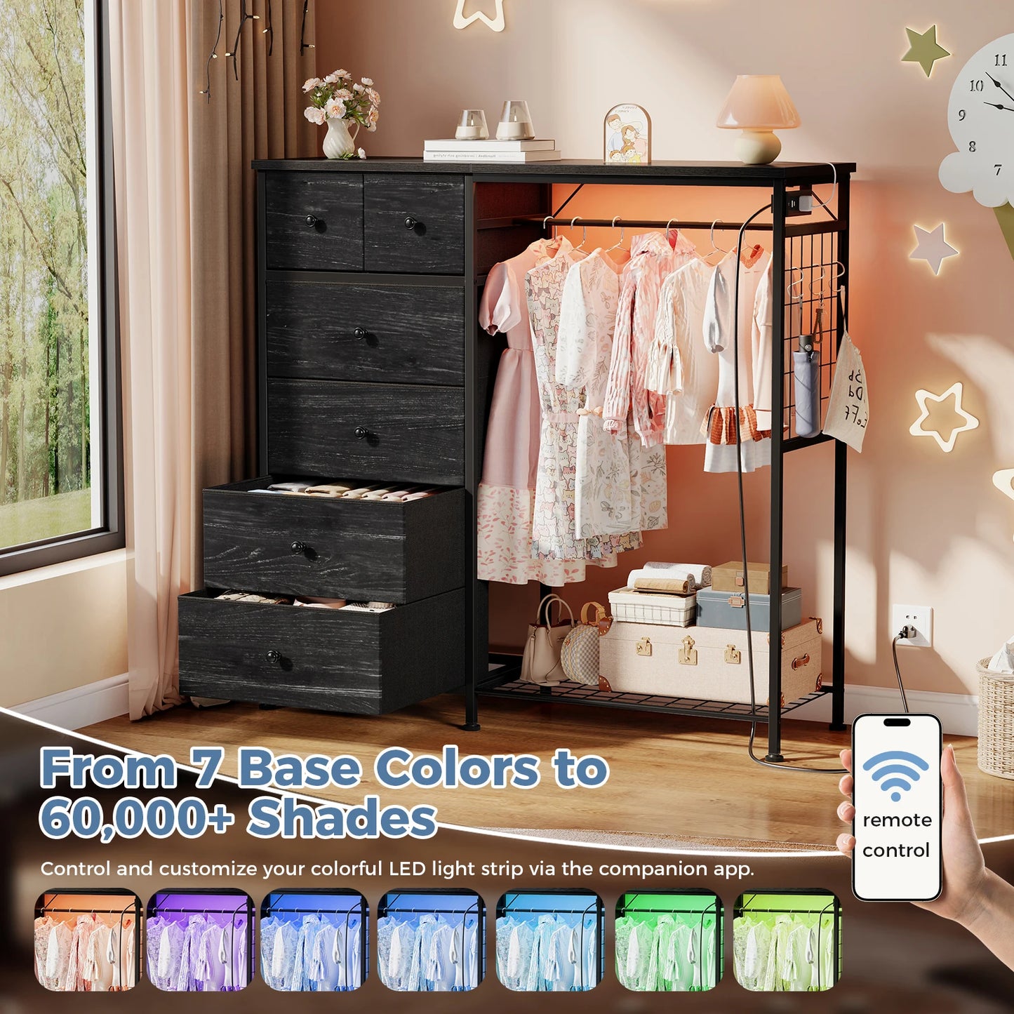 JHK Fabric Dresser With Hanging Rack Charging Station LED Lights