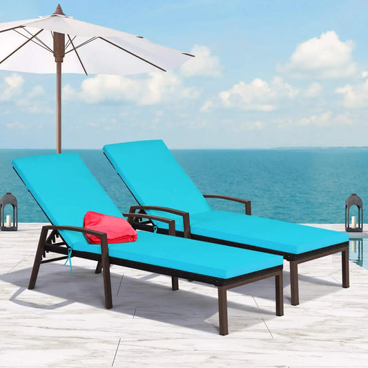 Patio Rattan Chaise Lounge Two Piece Set With Cushioned Armrests