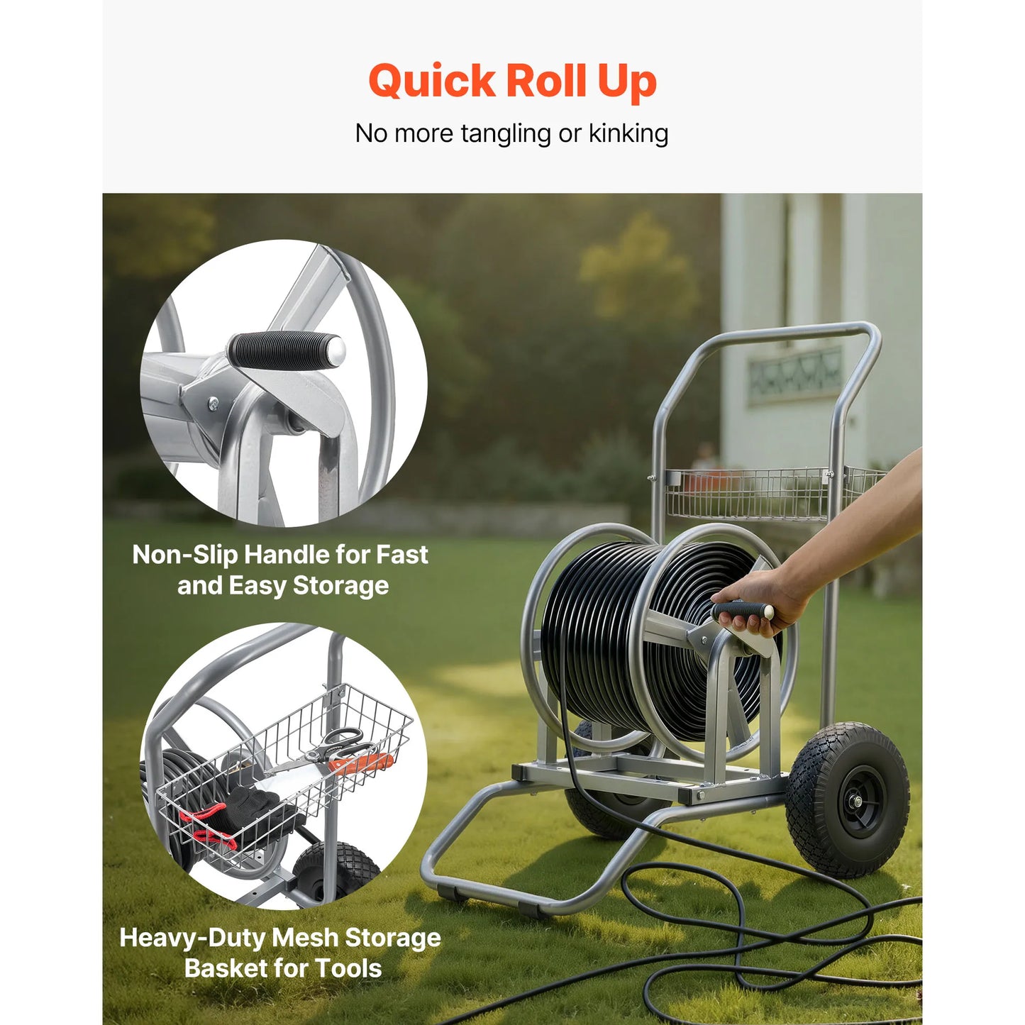 SucceBuy Water Hose Reel Cart For Garden With Mesh Basket